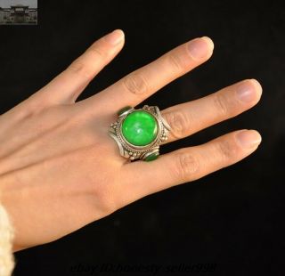 Old Chinese Dynasty Palace Silver Inlay Green Jade Gem Jewelry Ring Rings