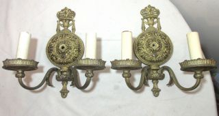 2 Antique Victorian Ornate Gilt Brass Electric Wall Sconces Fixtures