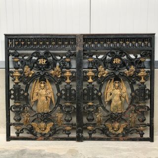 Exceptional 19th C.  French Gothic Cast Iron Church Gate/doors With Angels