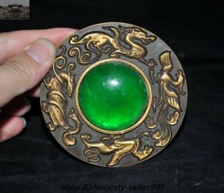 Old Chinese Feng Shui Bronze Inlay Green Jade 4 God Beast Exorcism Bronze Mirror