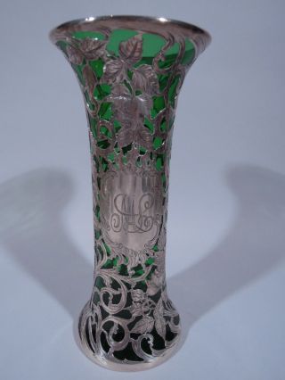 Alvin Vase - G3326 Art Nouveau - American Emerald Green Glass & Silver Overlay
