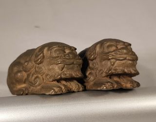Pr.  Antique 1700 Kangxi Chinese Bronze Scroll Weights Dogs Of Fo Scholars Objects