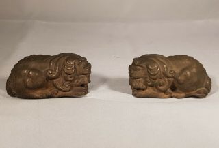 PR.  ANTIQUE 1700 KANGXI CHINESE BRONZE SCROLL WEIGHTS DOGS OF FO SCHOLARS OBJECTS 2