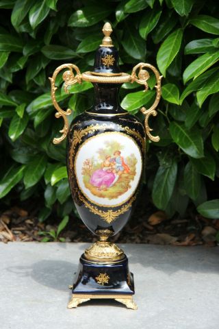 Vintage French Limoges Blue Porcelain Victorian Romantic Scene Vase 1960