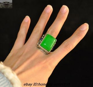 Old Chinese Dynasty Palace Silver Inlay Green Jade Gem Jewelry Ring Rings