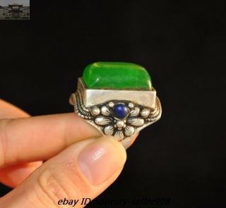Old Chinese Dynasty Palace Silver inlay Green Jade Gem Jewelry ring Rings 2
