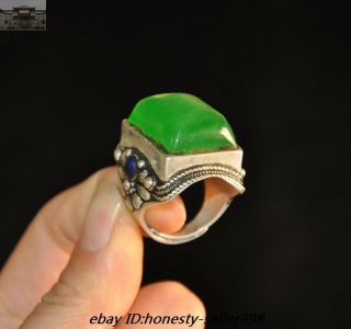 Old Chinese Dynasty Palace Silver inlay Green Jade Gem Jewelry ring Rings 3