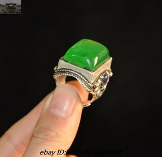 Old Chinese Dynasty Palace Silver inlay Green Jade Gem Jewelry ring Rings 4