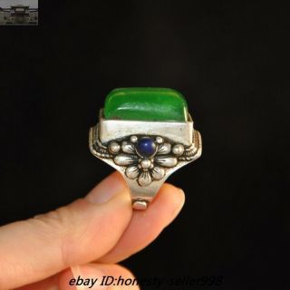 Old Chinese Dynasty Palace Silver inlay Green Jade Gem Jewelry ring Rings 5