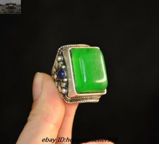 Old Chinese Dynasty Palace Silver inlay Green Jade Gem Jewelry ring Rings 6