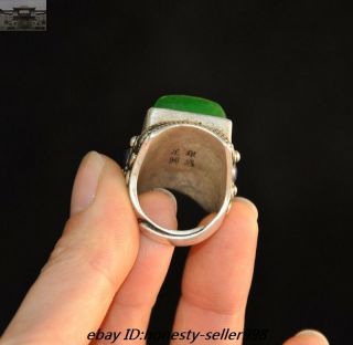 Old Chinese Dynasty Palace Silver inlay Green Jade Gem Jewelry ring Rings 7