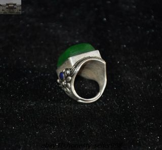 Old Chinese Dynasty Palace Silver inlay Green Jade Gem Jewelry ring Rings 8