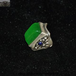 Old Chinese Dynasty Palace Silver inlay Green Jade Gem Jewelry ring Rings 9
