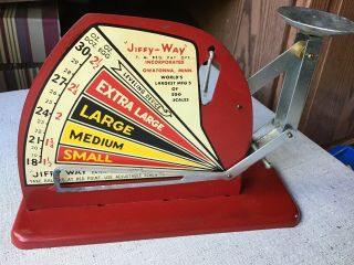 Vintage Jiffy Way Manufacturing Company Red Metal Poultry Egg Scale.