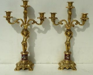 Pair Antique Gilded Bronze Porcelain Candelabras Candlesticks Cherubs Putti