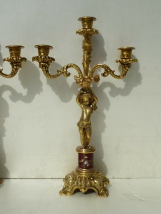 PAIR ANTIQUE GILDED BRONZE PORCELAIN CANDELABRAS CANDLESTICKS CHERUBS PUTTI 2