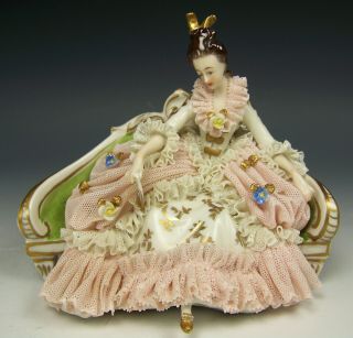 Lovely Dresden Lace Lady Sitting On Couch Flower Gold 6 " Figurine