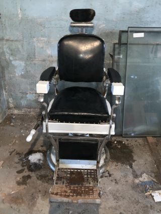 Antique Koken Barber Chair - Black Leather - Headrest -