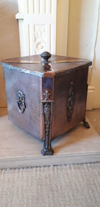 Art Nouveau Copper Coal/ Log Box,  Lion Handles & Liner