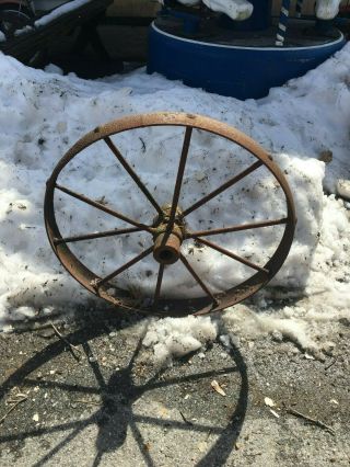 Vtg Industrial Primitive Farm Country Cast Iron Metal Wagon Wheel Tractor 23in 2