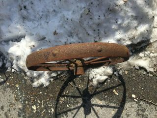 Vtg Industrial Primitive Farm Country Cast Iron Metal Wagon Wheel Tractor 23in 3