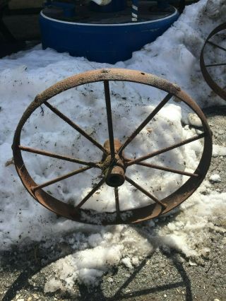 Vtg Industrial Primitive Farm Country Cast Iron Metal Wagon Wheel Tractor 23in 4