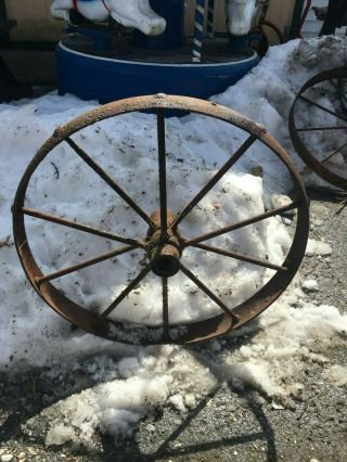 Vtg Industrial Primitive Farm Country Cast Iron Metal Wagon Wheel Tractor 23in 5