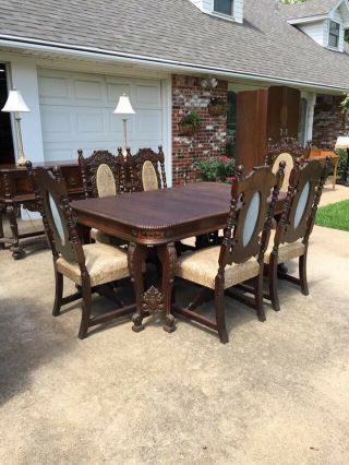 Antique Dining Room Set Baroque Hand Carved Walnut 100 Years Old