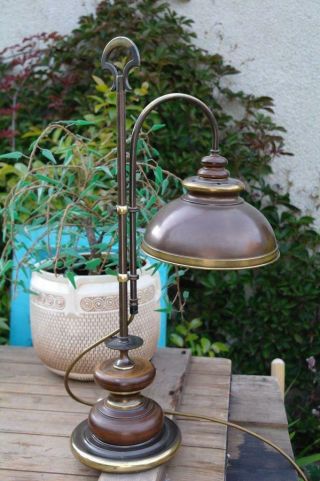Vintage French Brass Table Lamp Curve Arm Rise & Fall Industrial 70s Rustic Chic 12
