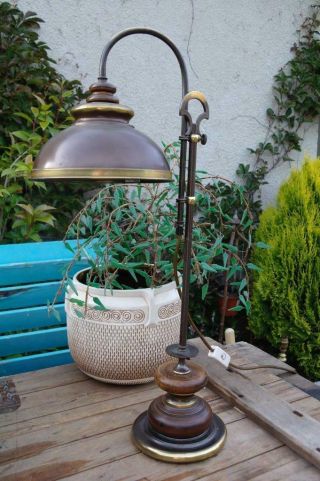 Vintage French Brass Table Lamp Curve Arm Rise & Fall Industrial 70s Rustic Chic 5