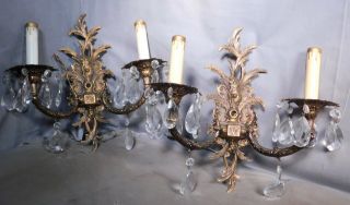 Pair Vintage Spanish Brass French Style Wall Sconce Light 28 Teardrop Prisms Old