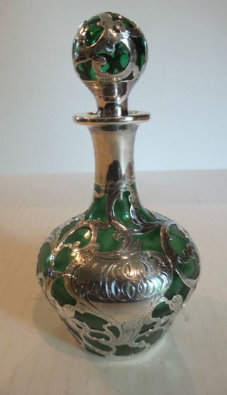 Antique Art Nouveau Green Glass Scent Bottle, .  999 Alvin Silver Overlay