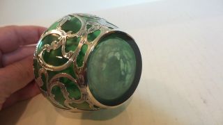 ANTIQUE ART NOUVEAU GREEN GLASS SCENT BOTTLE, .  999 ALVIN SILVER OVERLAY 9