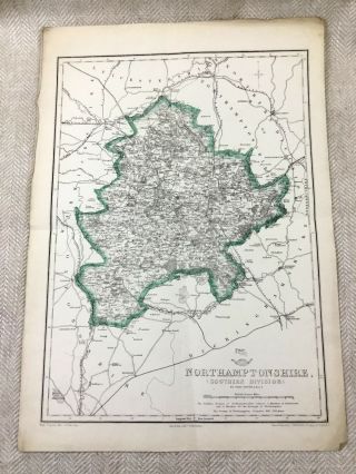 Antique Map Of Northamptonshire County 19th Century Old Hand Coloured
