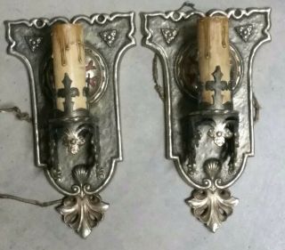 2 fine brass wall sconces Antique Spanish Revival Gothic polychrome fixtures 2