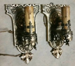 2 fine brass wall sconces Antique Spanish Revival Gothic polychrome fixtures 4