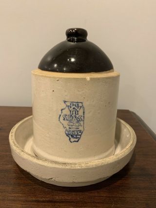 Rare White Hall Stoneware Quart Chicken Feeder With Base White Hall Illinois