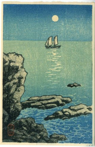 Hasui Kawase,  Seascape In Moonlight,  Japanese Woodblock Print