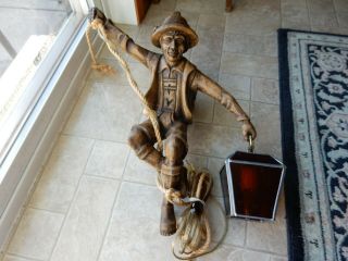 Antique Black Forest Anri Wood Carved Mountain Climber Figure Hanging Glass Lamp