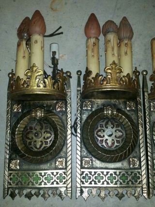 4 wall sconces Antique Spanish Revival Gothic Castle polychrome light fixtures 6