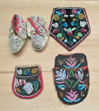 1900s Native American Beaded Pouch X3,  Baby Beaded Moccasins,  Iroquois