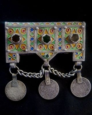Morocco Ancient Amulet " Hirz " Silver Pendant Enamel,  Glass Beads In Cabochons