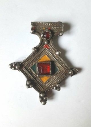 Morocco - Cross " Boghdad " Silver,  Enamel And Glasses Beads In Cabochon With Leat