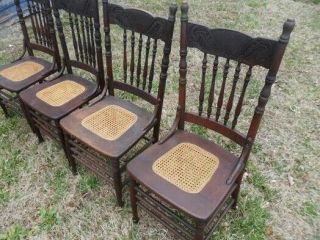 Best 4 Antique Oak Pressed Carved Back Chairs finish 2