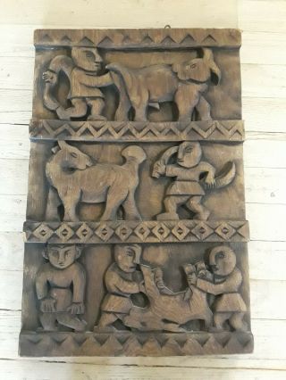 Antique Wood Butcher Shop Sign.  Hand Carved Bas Relief Figures & Animals