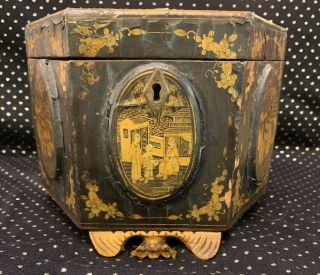 Large Antique Chinese Black Gold Lacquer Ware Pewter Tea Caddy