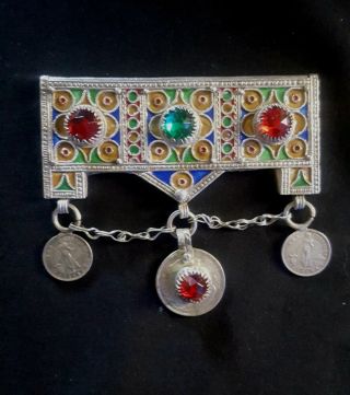 Morocco Ancient Amulet " Hirz " Silver Pendant Enamel,  Glass Beads In Cabochons An