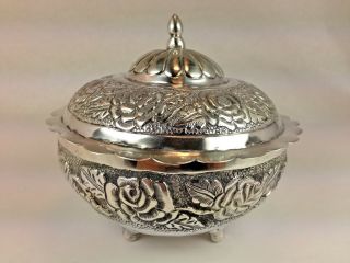 Laperla Tampico Mexican Footed Sterling Silver Covered Bowl Hand Chased Roses