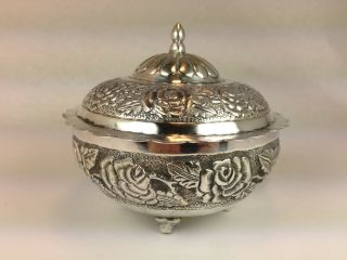 LaPerla Tampico Mexican Footed Sterling Silver Covered Bowl Hand Chased Roses 2