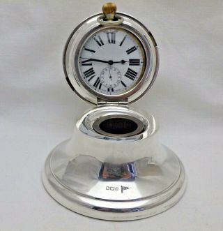 Antique Solid Sterling Silver Capstan Inkwell With Clock Goliath Watch Shef 1912